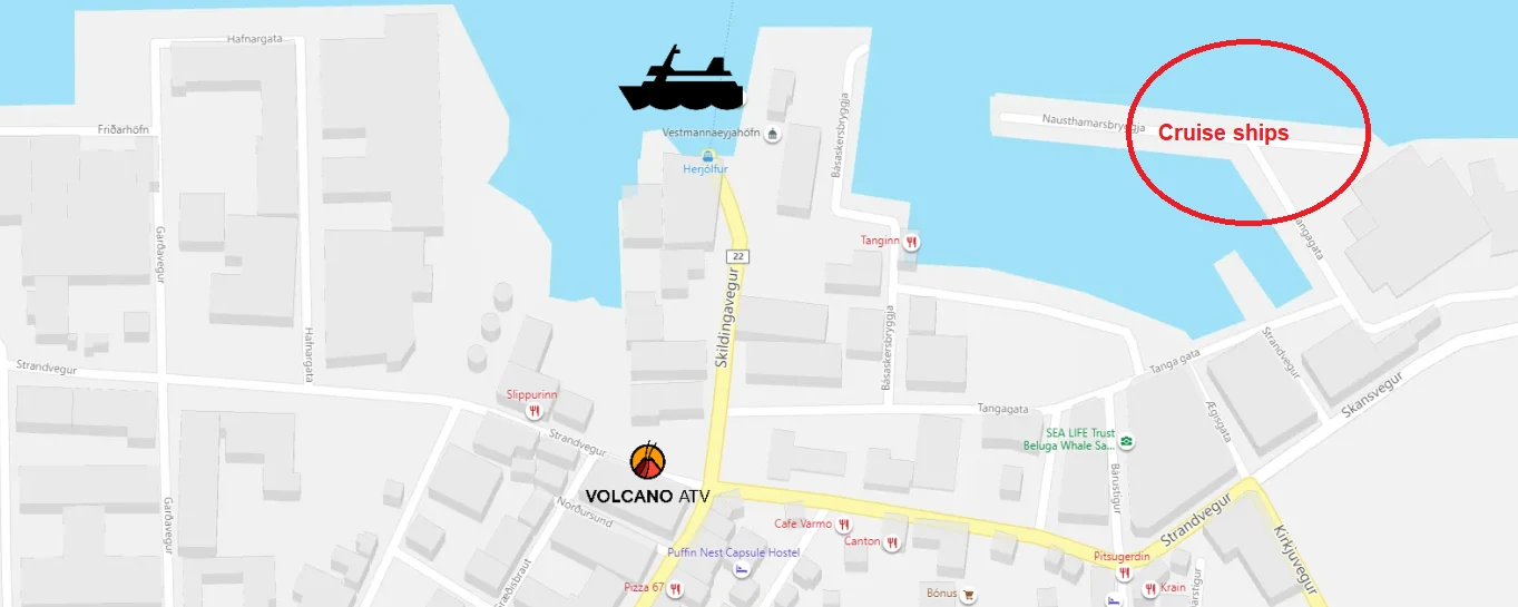 Map showing Volcano ATV at Strandvegur 65, Herjólfur ferry terminal and the cruise ship harbour in Vestmannaeyjar