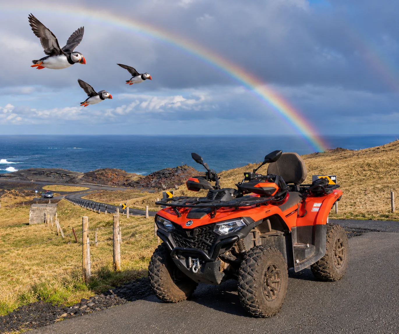 ATV, rainbow and puffins in Vestmannaeyjar