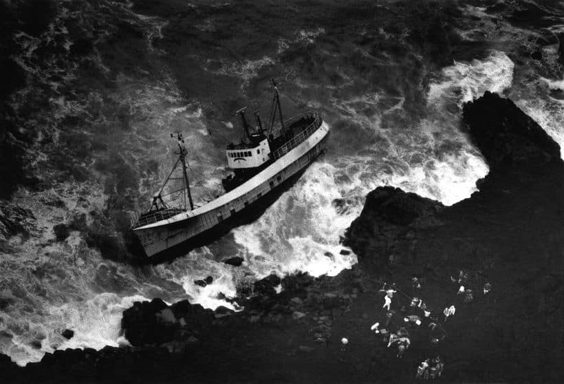 The Pelagus stranded along the rugged coast of Vestmannaeyjar.