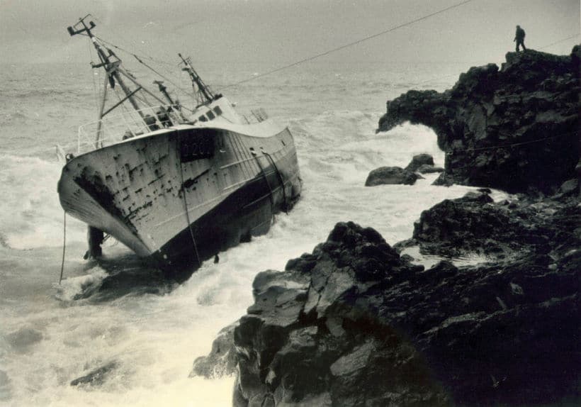 The stranded Pelagus battered by powerful Atlantic waves.